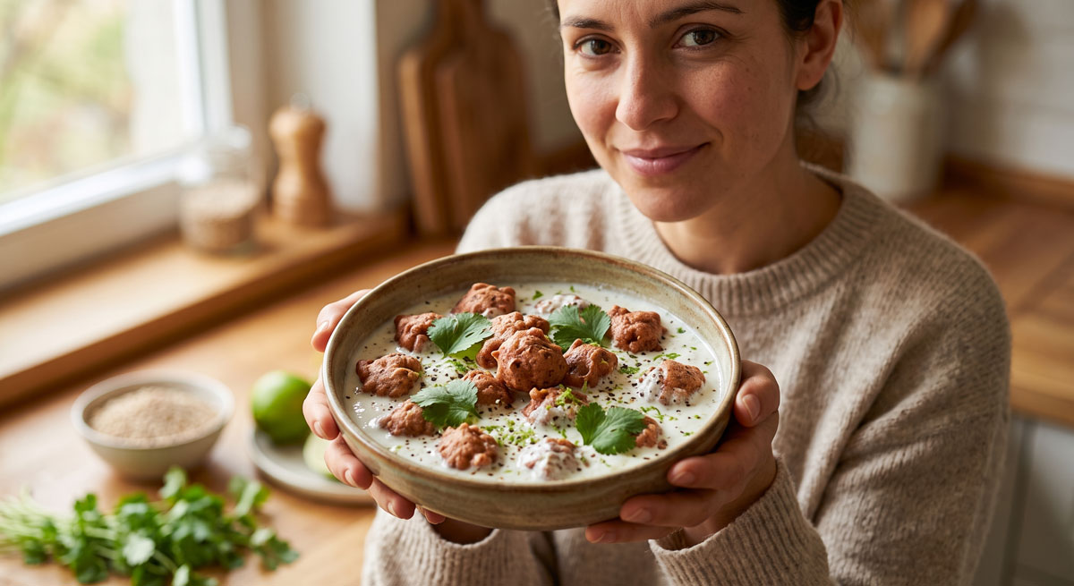 A woman smiles in a kitchen, holding a large ceramic bowl filled with creamy Ekadasee Kotu Pakora Raita. The dish features golden-brown fried buckwheat flour fritters submerged in yogurt, garnished with fresh cilantro leaves, cracked pepper, and grated lime zest. Fresh ingredients and a window are in the background.