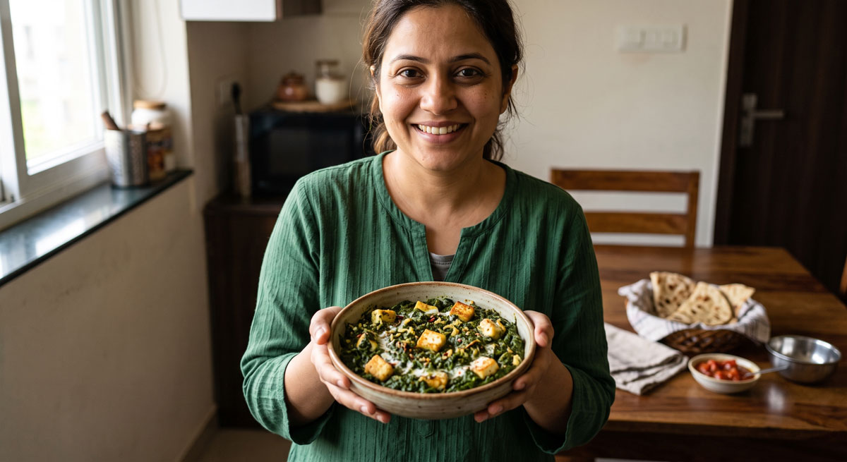 A smiling Indian woman in a green kurta holds a ceramic bowl filled with textured, chopped Palak Paneer, featuring visible golden-fried paneer cubes. In the blurred background, there are warm roti (flatbread) and a tomato salad on a wooden dining table.
