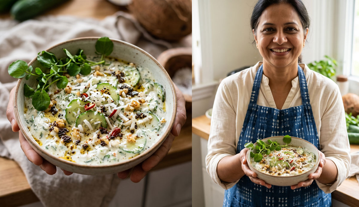 A split-screen image showing a close-up of a rustic bowl of Kheera Nariyal Raita with cucumbers, coconut, and walnuts on the left, and a smiling woman in an apron holding the same bowl in a kitchen on the right.