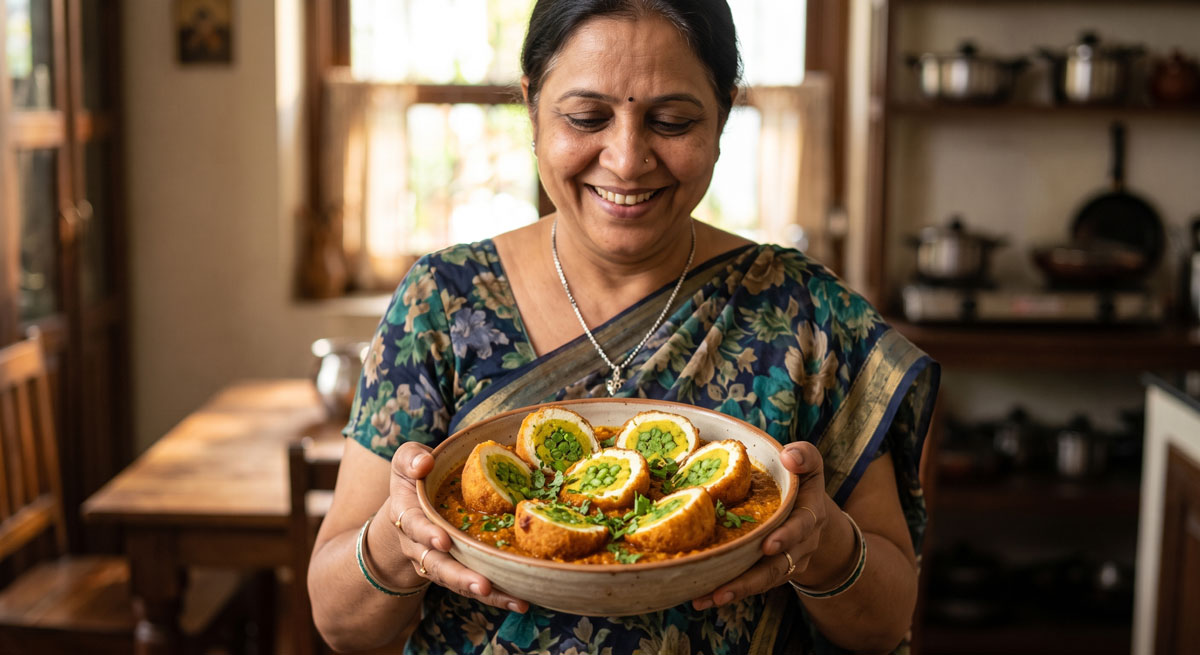 A smiling Indian woman in a traditional saree holds a rustic bowl filled with Chenna Rasedar (deep-fried cheese balls), cut in half to reveal the vibrant green pea and yellow potato stuffing, set in a rich tomato gravy.