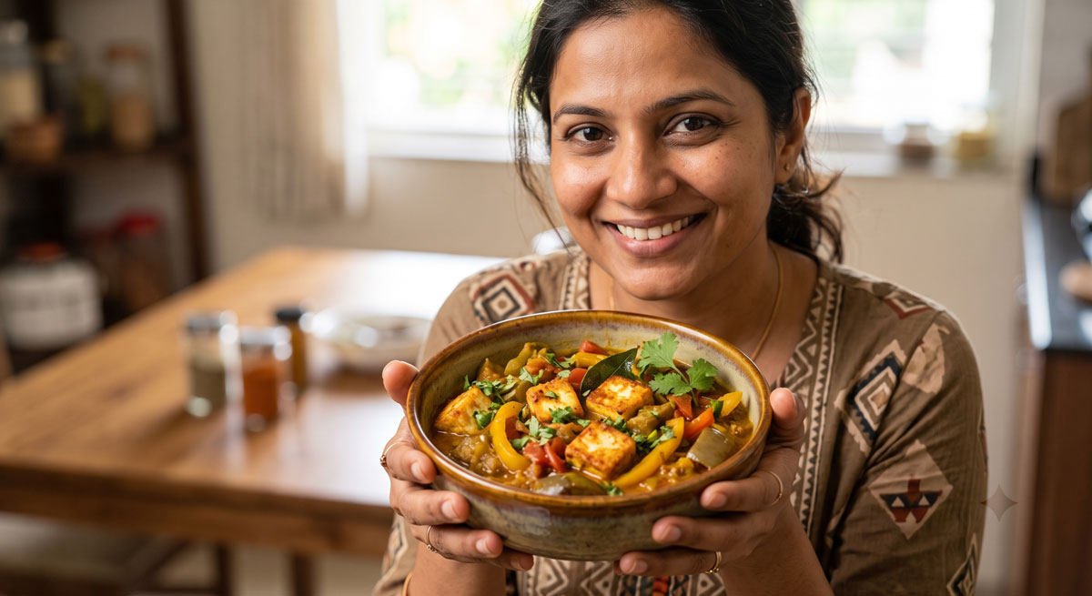 A smiling woman in an patterned kurta holds a rustic bowl filled with Baigan Panir Tarkari, a vibrant Indian stew featuring fried paneer cheese cubes, eggplant, and bell peppers garnished with cilantro.