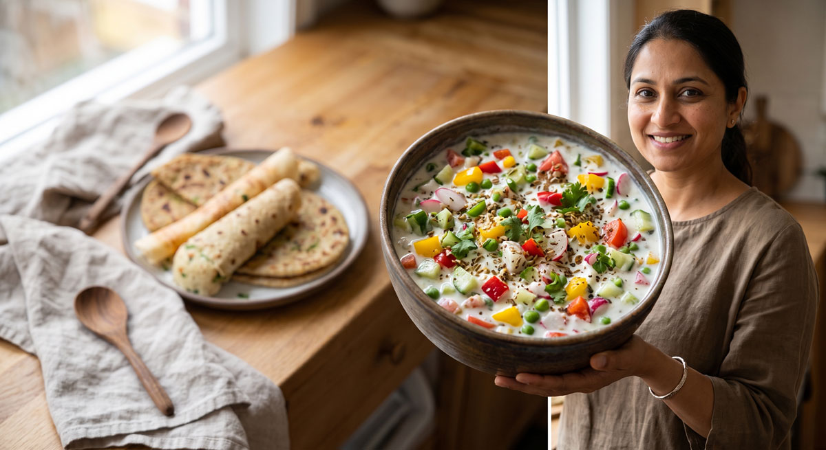 A smiling South Asian woman presenting a large bowl of colorful Sabji Raita (mixed vegetable yogurt dip) with a plate of paratha flatbreads on a wooden kitchen counter near a window.