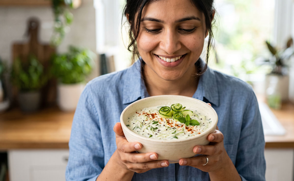 Smiling woman in a blue shirt holds a bowl of creamy soup garnished with cucumber ribbons and herbs in a bright kitchen