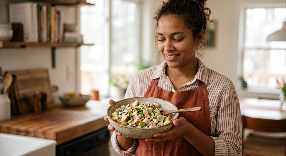 A smiling woman in a rust-colored apron standing in a bright, modern kitchen, proudly holding a rustic ceramic bowl filled with fresh Apple Salad Seb Kachamber, featuring diced apples, halved grapes, and a creamy mint-almond dressing.