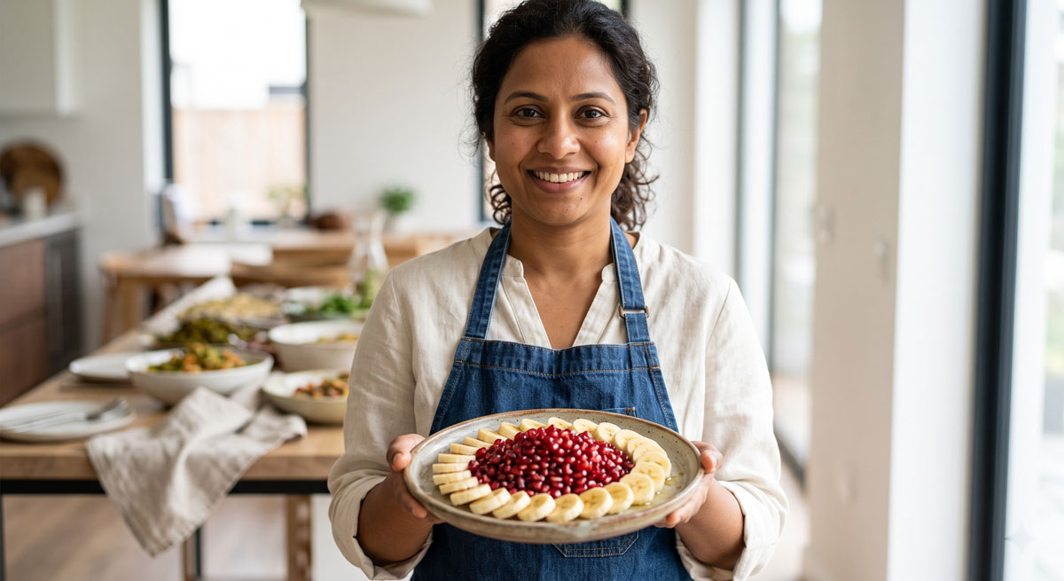 A smiling woman wearing a denim apron holds a beautifully arranged plate of Banana Pomegranate Salad Kela Anar Kachamber, featuring a central mound of ruby-red pomegranate seeds surrounded by a ring of sliced bananas.