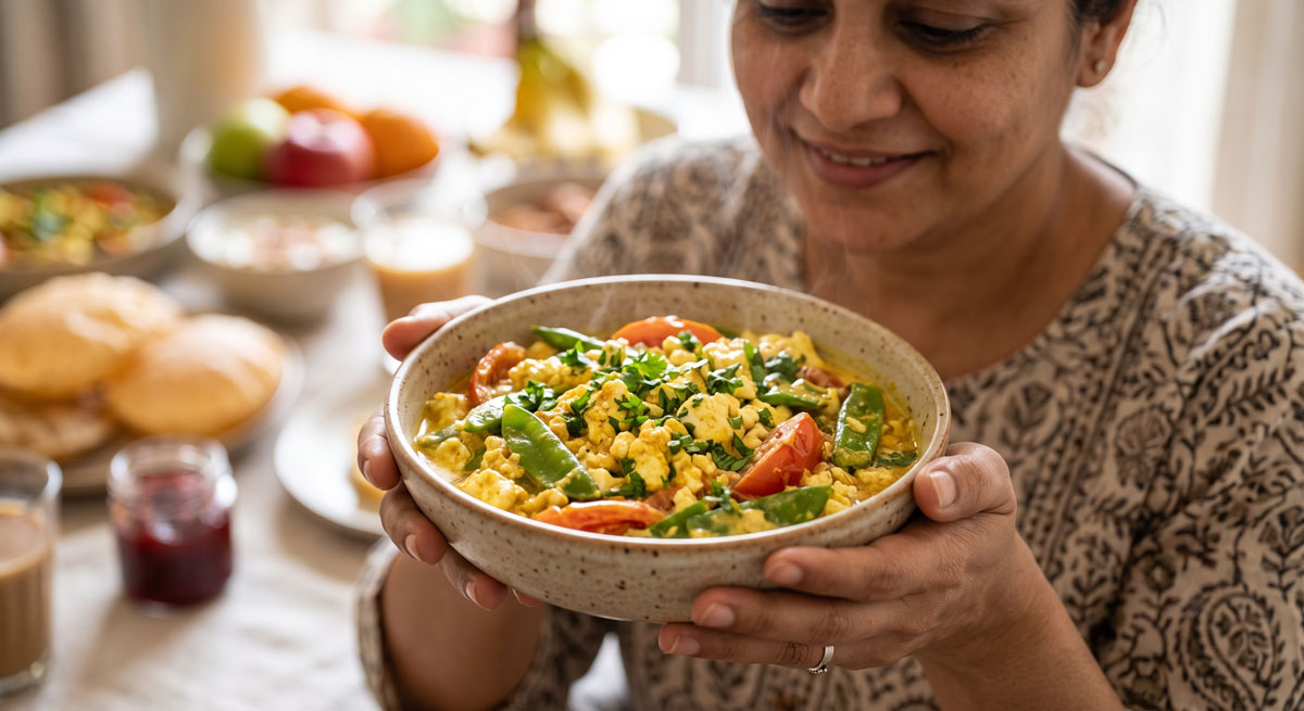 A close-up of a smiling woman holding a rustic bowl of Creamy Scrambled Chenna Cheese with Tomatoes and Snow Peas (Chenna Malai Dalna), set at a sunlit breakfast table with pooris and fresh fruits.