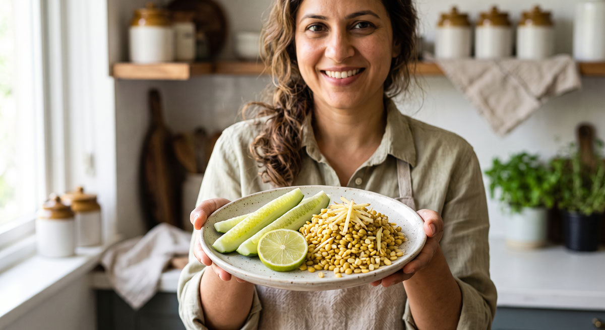 A woman in a bright, rustic kitchen holding a beautifully arranged plate of Cucumber and Ginger Root Salad, featuring fresh cucumber wedges, soaked moong dal, julienned ginger, and a lime slice.