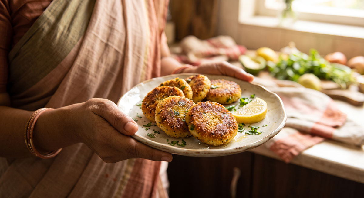 A woman in a traditional saree holds a rustic plate of golden-brown Pan-Fried Chenna Cheese Patties with Poppy Seeds (Chenna Khas-Khas Tikka), garnished with fresh coriander and a lemon wedge in a well-lit kitchen setting.