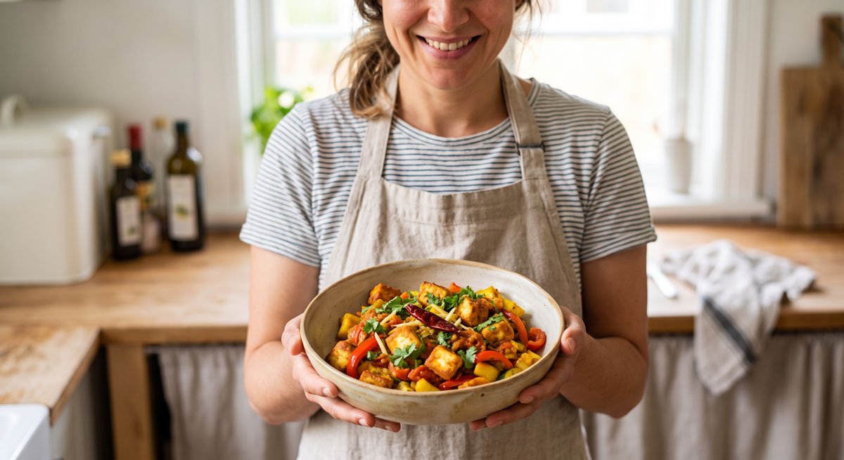 A woman holding a bowl of Panir Louki Tarkari, featuring fried panir cheese, yellow summer squash, and red bell peppers, garnished with fresh cilantro and julienned ginger.