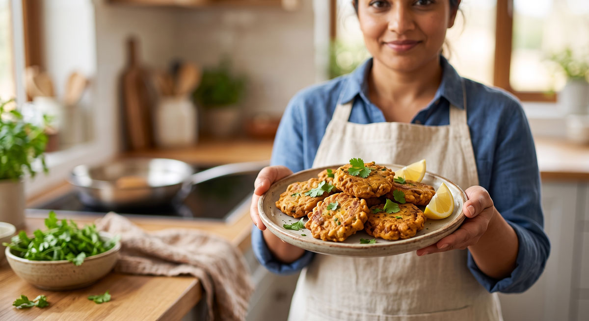 A woman in an apron presenting a plate of shallow-fried, batter-coated Chenna Tikka cheese patties, garnished with cilantro and lemon wedges, in a rustic kitchen setting.