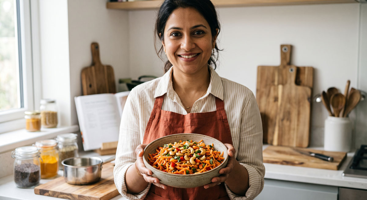 A warm photograph of a smiling woman in a brown apron, holding a large bowl of fresh Gajar Kaju Kachamber, which is a vibrant shredded carrot and cashew salad, set against a bright, modern kitchen background with wooden cutting boards and spice jars.