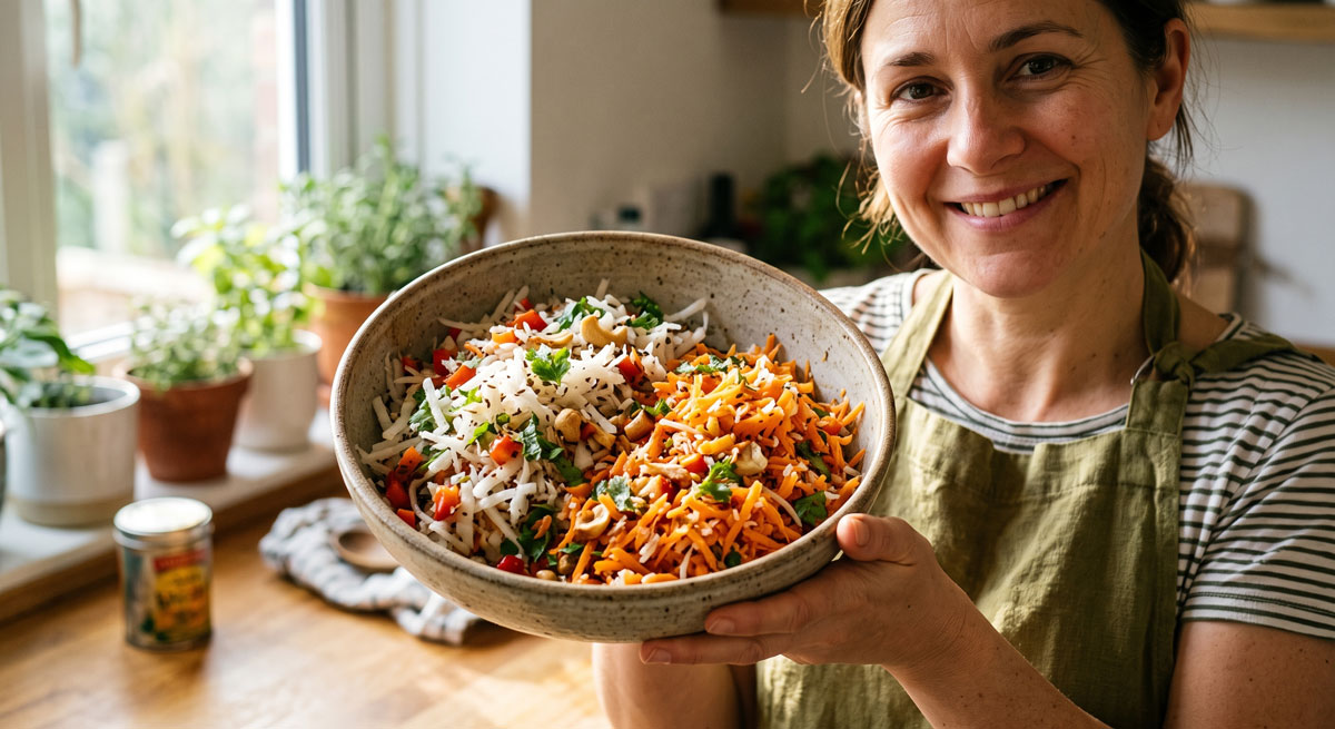 A happy woman in an olive green apron holds a rustic bowl presenting two distinct salads: the white and green Mooli Nariyal Kachamber (Shredded Radish and Coconut Salad) and the orange Gajar Kaju Kachamber (Shredded Carrot and Cashew Nut Salad).