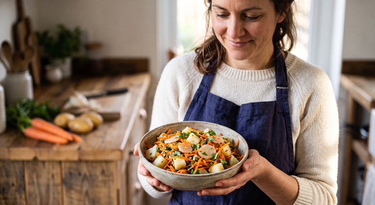 A woman wearing a dark blue apron over a beige knit sweater, smiling and holding a rustic ceramic bowl filled with Carrot and Water Chestnut Salad (Gajar aur Singhara Kachamber). The background shows a wooden kitchen counter with whole carrots and potatoes.