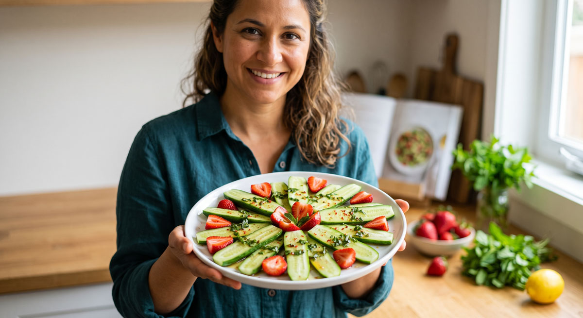 A smiling woman in a teal linen shirt presents a decorative platter of Minted Cucumbers and Strawberries Kheera Kachamber salad, featuring cucumber slices, halved strawberries, fresh mint, and red pepper flakes.