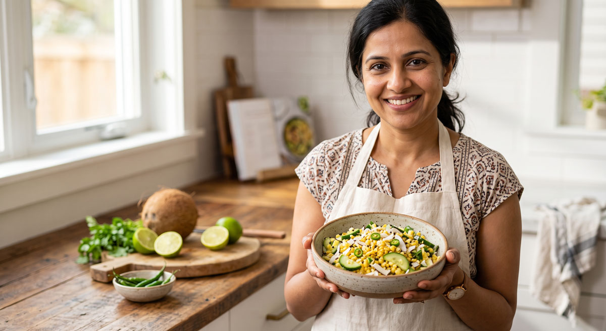 A smiling woman in a bright, modern kitchen holding a rustic bowl of freshly made Moong Nariyal Kachamber, featuring soaked mung dal, grated coconut, and sliced cucumber.