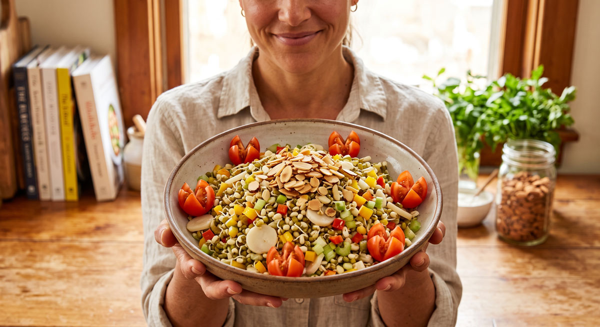 A smiling woman holding a rustic ceramic bowl of Sprouted Mung Bean Salad (Sabat Moong Salaad) topped with toasted sliced almonds, diced bell peppers, sliced water chestnuts, and tomato flower garnishes.