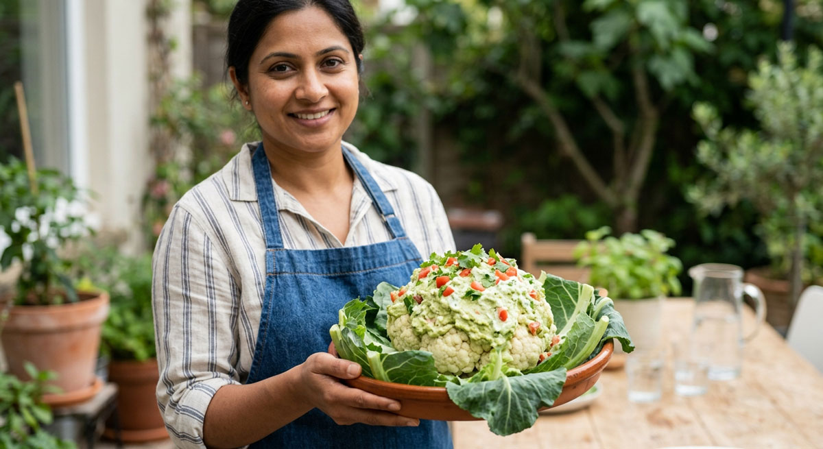 A smiling woman wearing a denim apron presenting a platter of Whole Cauliflower Salad (Gobhi Salaad), featuring a steamed cauliflower head beautifully crowned with a creamy green avocado mixture, diced tomatoes, and fresh herbs, served on a bed of fresh greens.