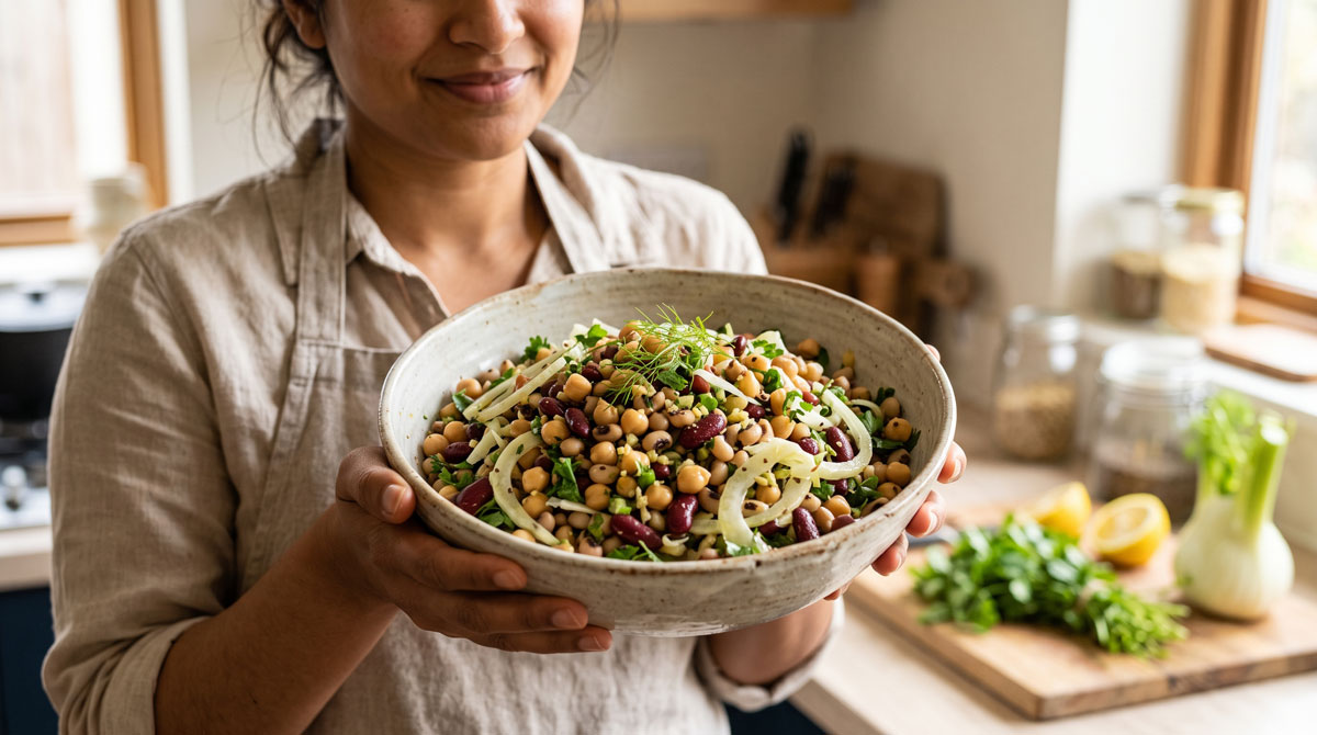 A woman in an apron comfortably holding a large ceramic bowl of freshly tossed Mixed Bean Salad with Fennel (Rajma Kabli Chana Salad), showcasing colorful chickpeas, kidney beans, black-eyed peas, and sliced fennel, in a natural-light kitchen setting.