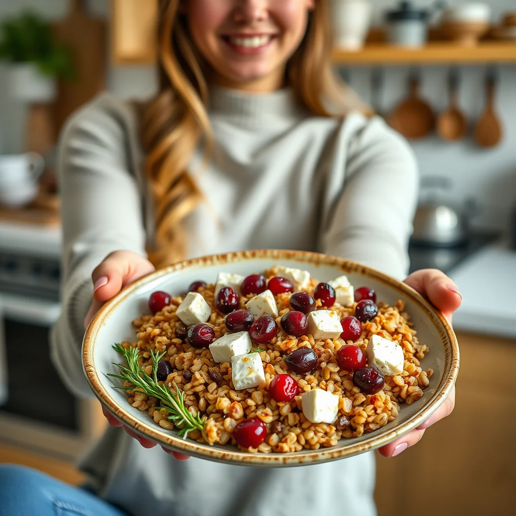 Savory Barley Flake Skillet with Feta and Cranberries – vegetarian recipe