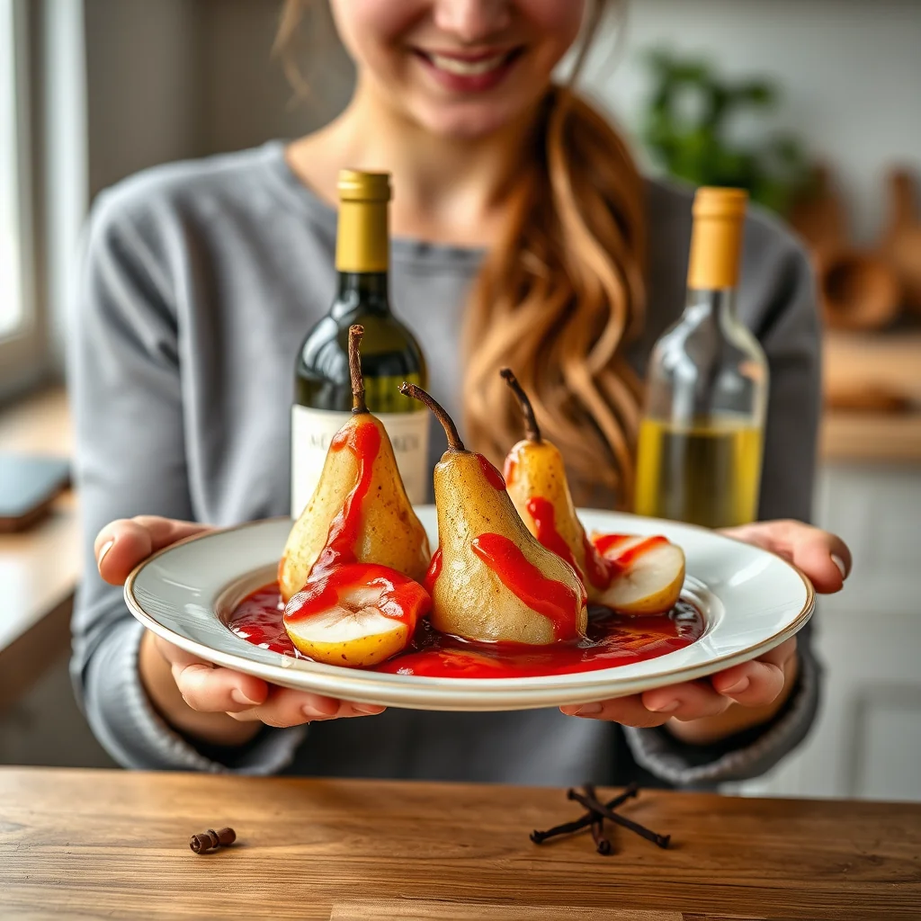 White Wine Poached Pears with Strawberry Coulis – vegetarian recipe