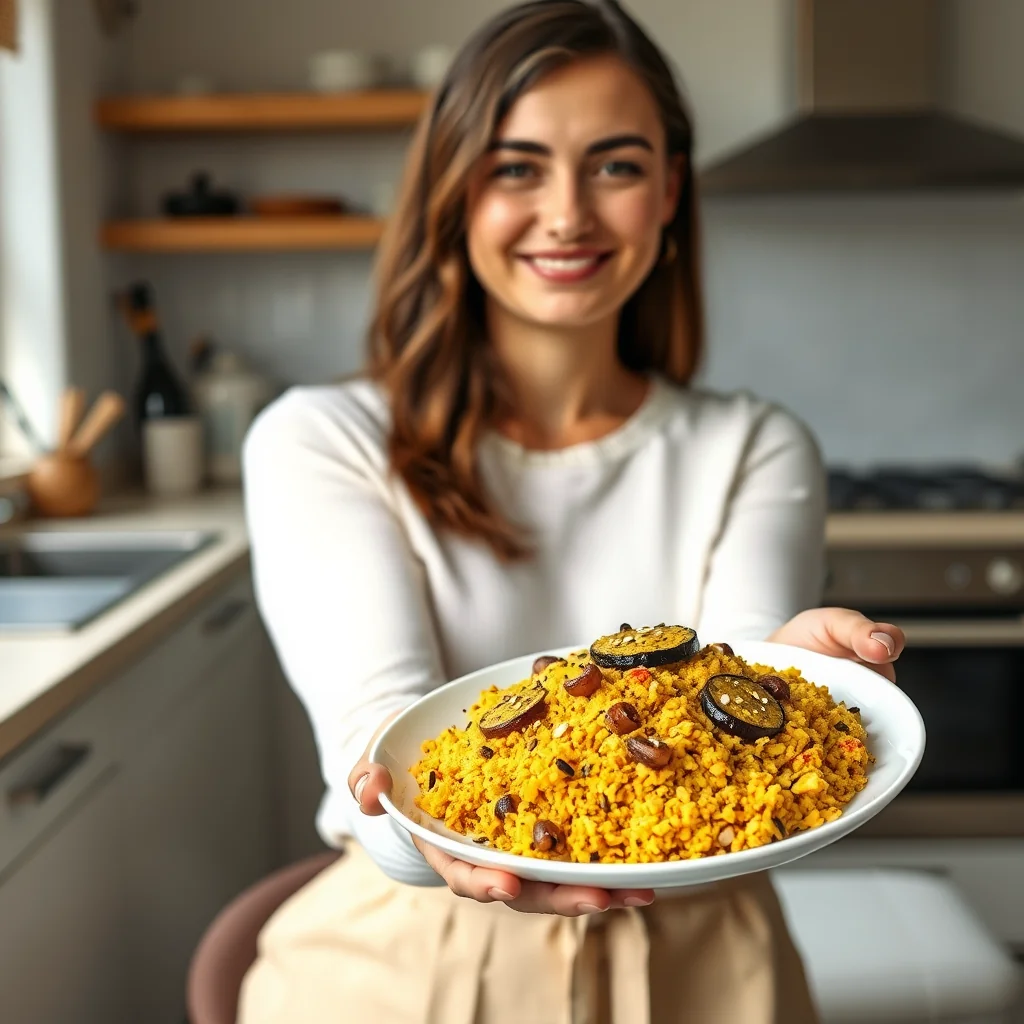 Turmeric-Infused Eggplant and Cashew Pilaf – vegetarian recipe
