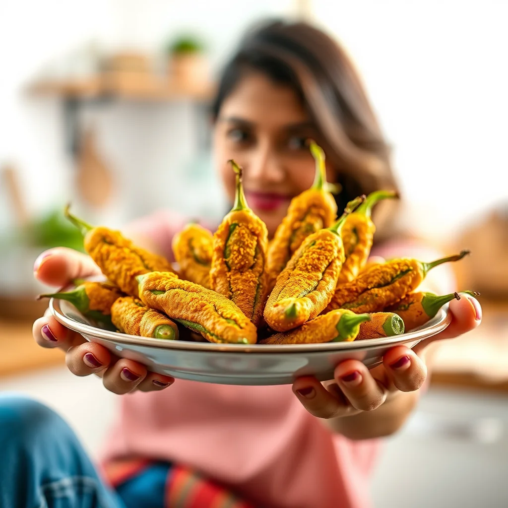 Hari Mirch Bhaji (Deep-Fried Stuffed Hot Green Chilies) – vegetarian recipe