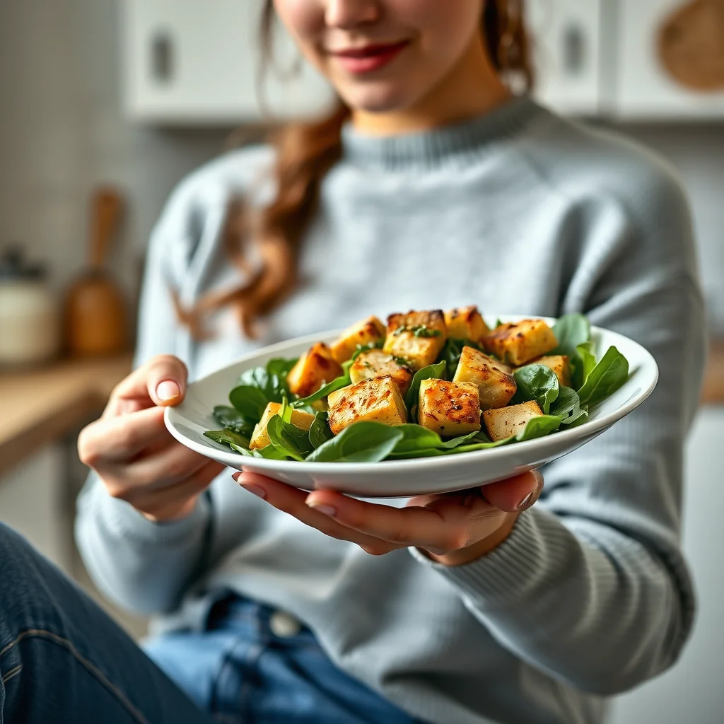 Vegan Warm Spinach Salad with Tofu Croutons – vegetarian recipe