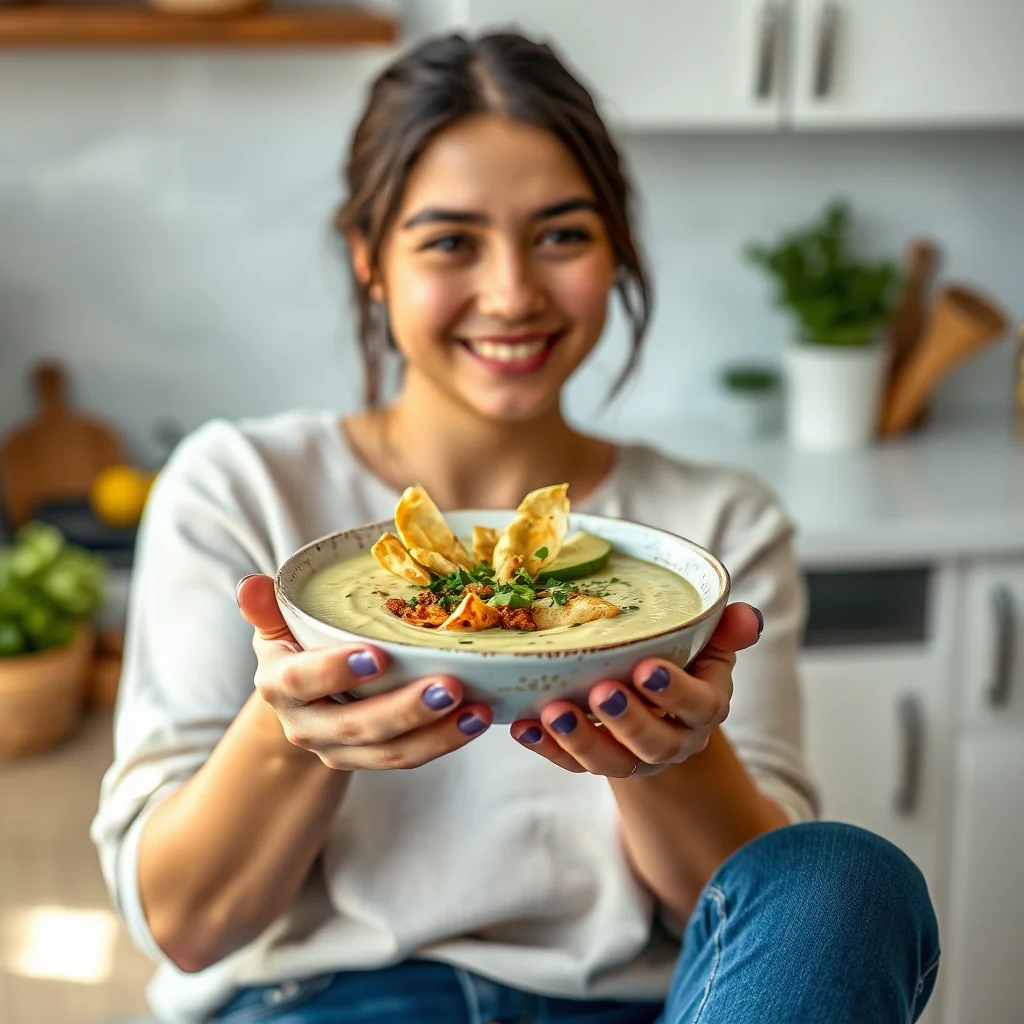 Creamy Avocado Lime Soup with Crispy Tortilla Strips – vegetarian recipe