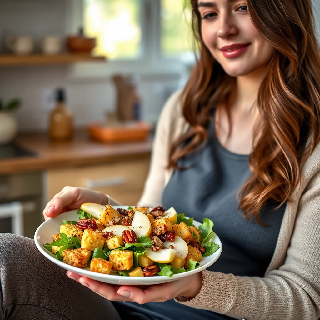 Pear and Toasted Pecan Salad with Crispy Polenta Croutons – vegetarian recipe