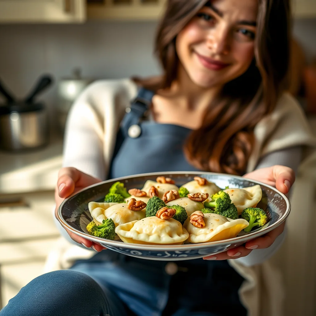 Skillet Pierogi with Broccoli and Walnuts – vegetarian recipe