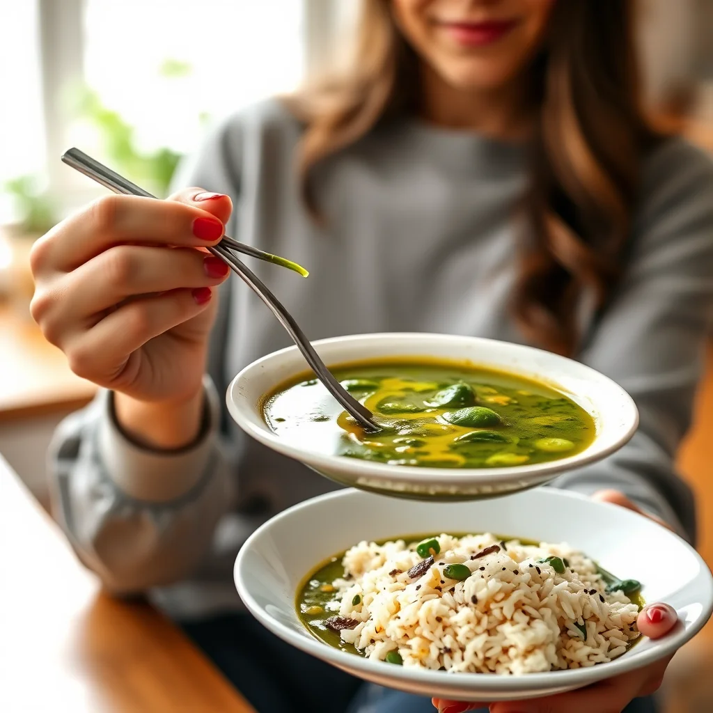 Palak Chaval Shorba (Clear Soup with Spinach and Rice) – vegetarian recipe