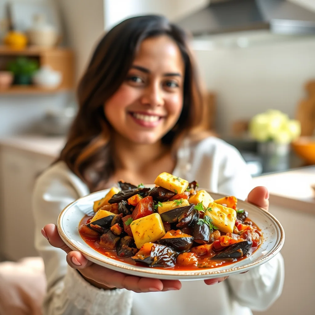 Eggplant and Bell Pepper Stew with Fried Panir Cheese BAIGAN – vegetarian recipe
