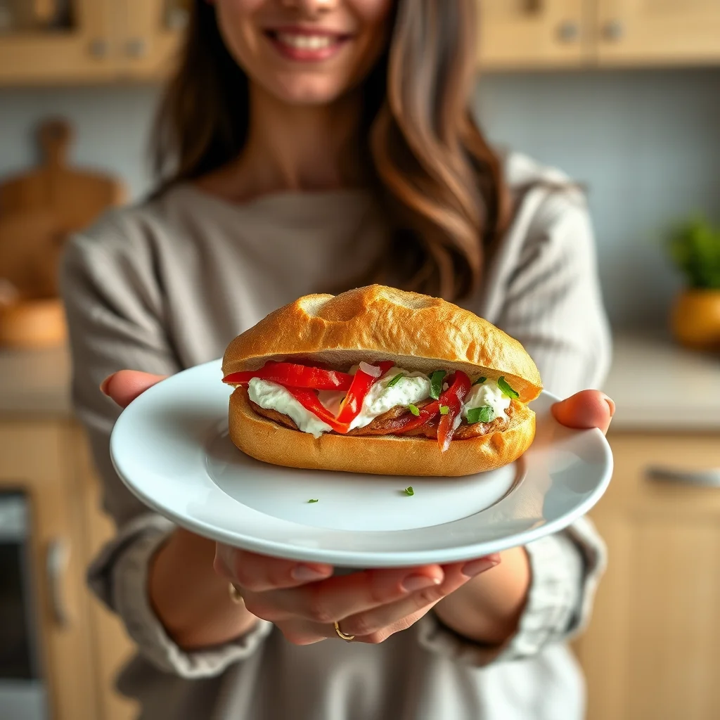 Roasted Red Pepper and Cream Cheese Baguette Sandwich – vegetarian recipe