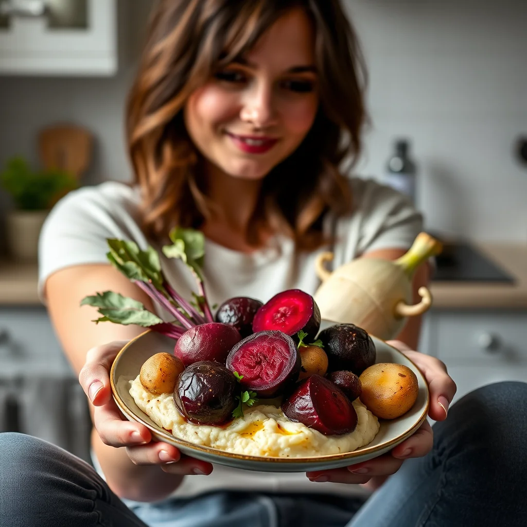 Baked Beetroot and Apple with Celeriac Mash and Toasted Haze – vegetarian recipe