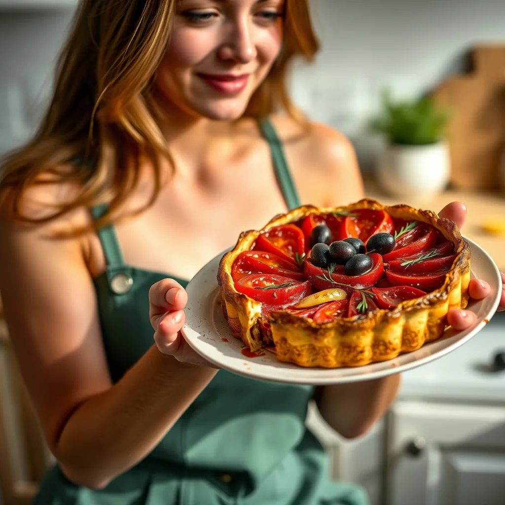 Savory Tomato Tarte Tatin with Onion Confit & Olives – vegetarian recipe