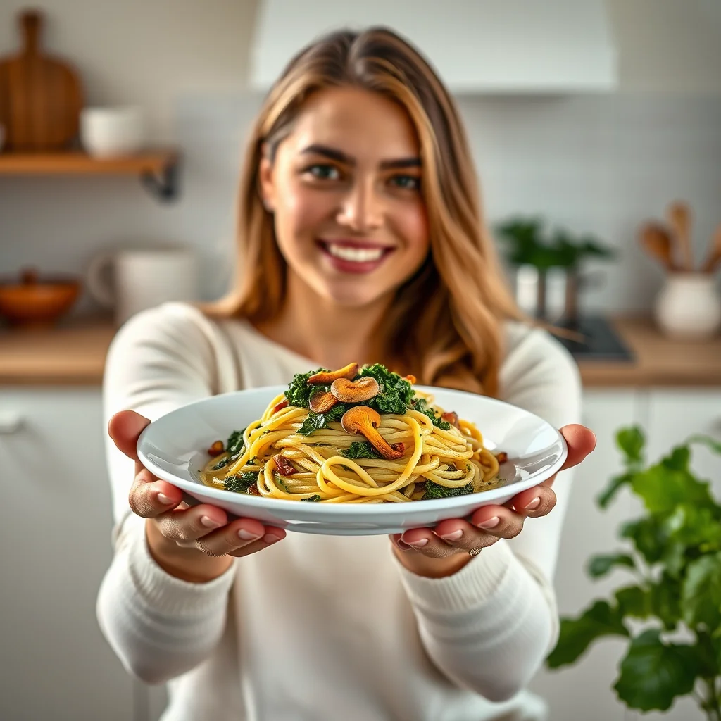 Spinach Fettuccini with Golden Chanterelles and Lacinato Kal – vegetarian recipe