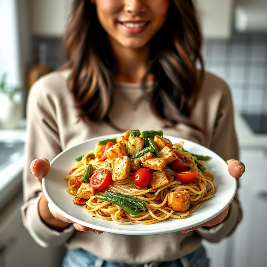 Stir-Fried Noodles with Tofu, Okra, and Cherry Tomatoes – vegetarian recipe