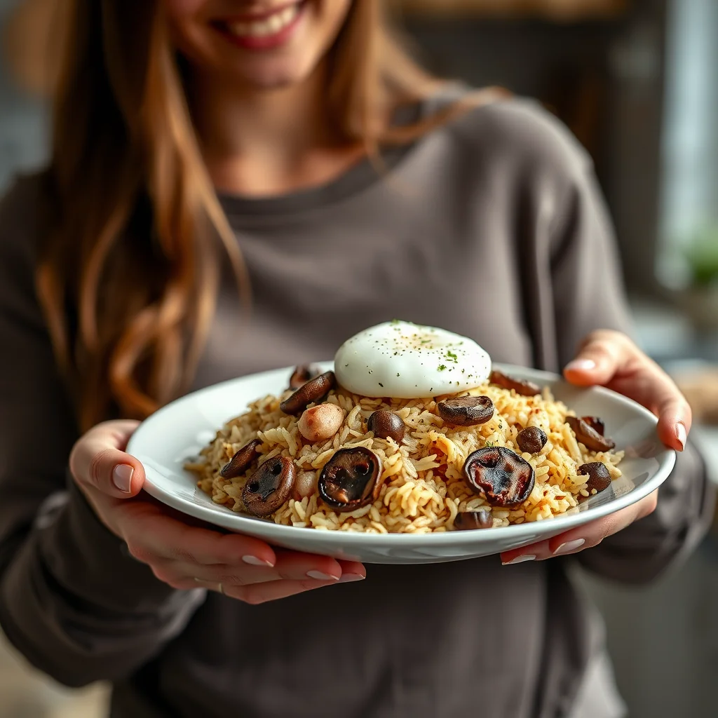 Fried Onion Rice with Portobello Mushrooms and Poached Egg – vegetarian recipe