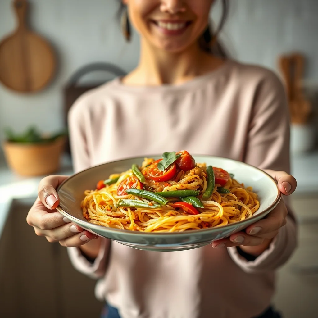 Tomato and Green Bean Sevai (South Indian Rice Noodles) – vegetarian recipe