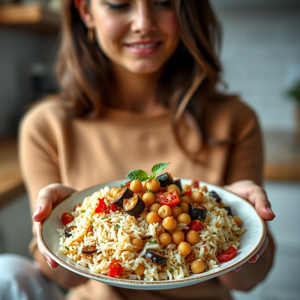 Spiced Eggplant, Tomato, and Chickpea Pilaf – vegetarian recipe