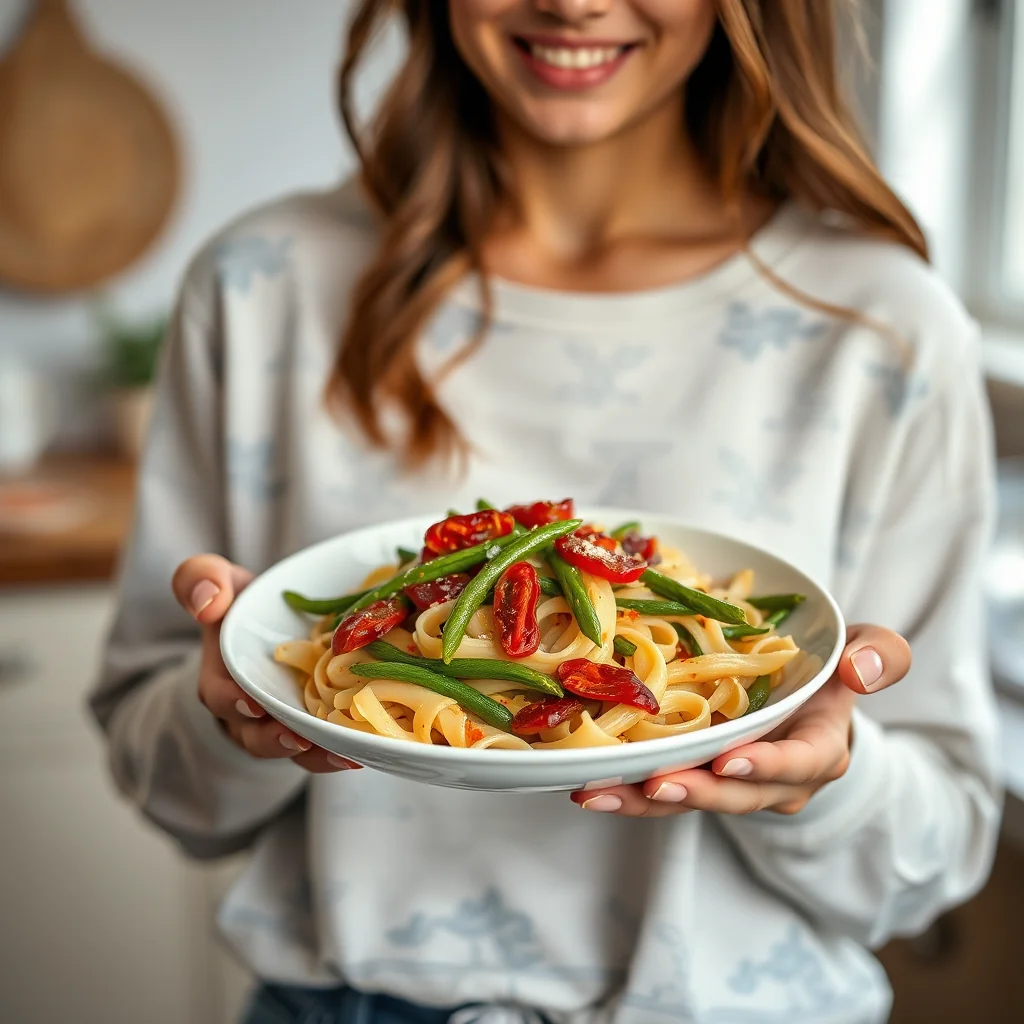 Penne with Green Beans, Peppers, and Sun-Dried Tomatoes – vegetarian recipe