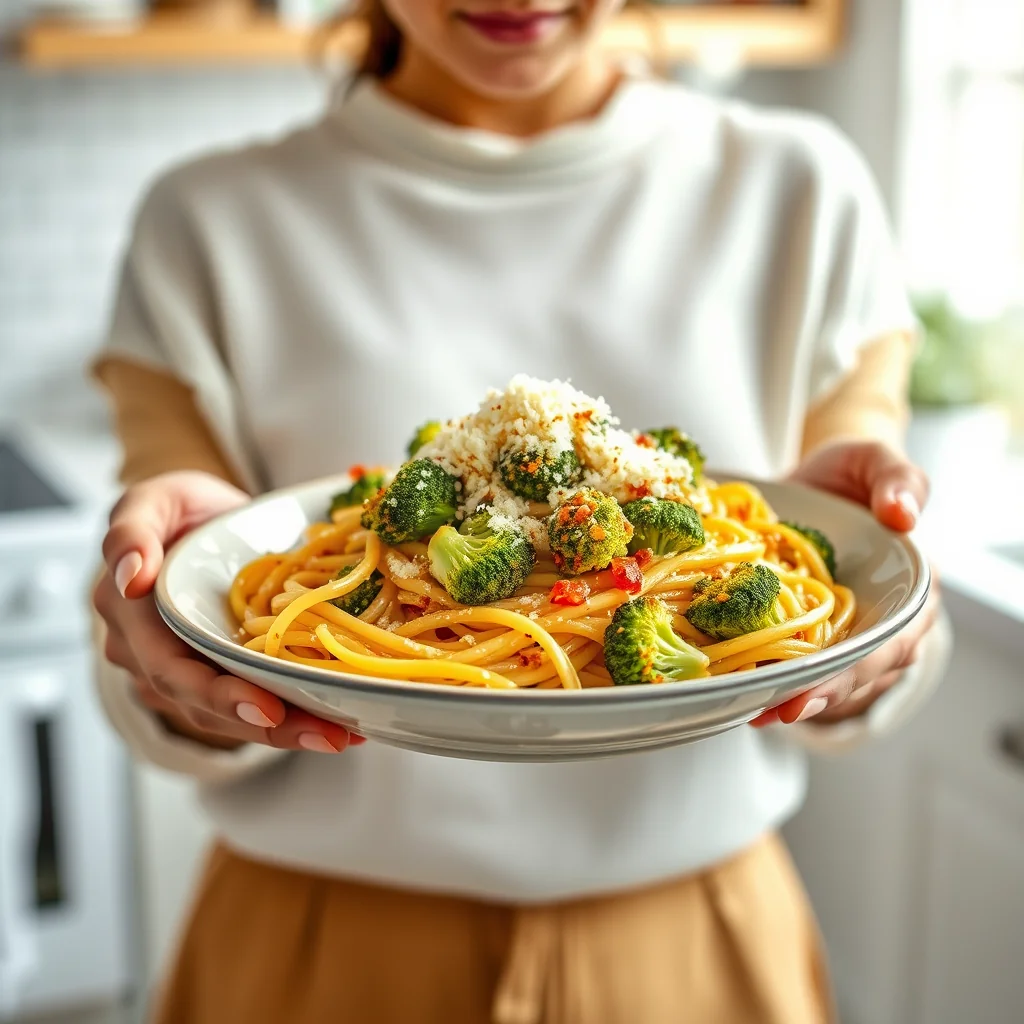 Cheesy Broccoli Spaghetti with Crispy Parmesan Topping – vegetarian recipe