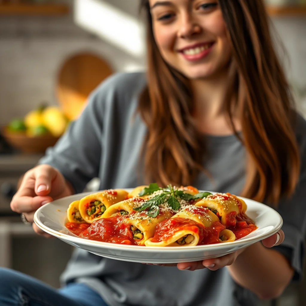 Veggie-Stuffed Manicotti with Roasted Red Pepper Sauce – vegetarian recipe
