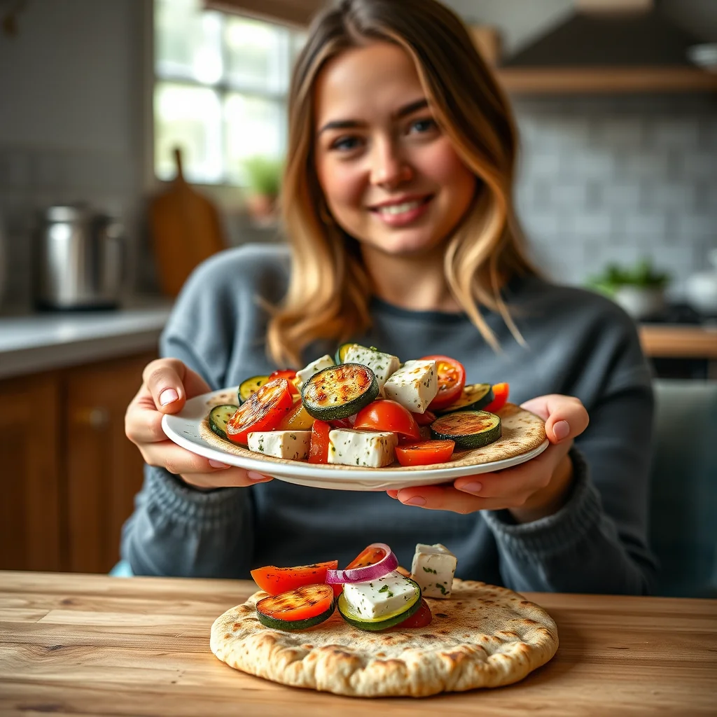 Grilled Feta with Zucchini and Tomatoes on Pita – vegetarian recipe