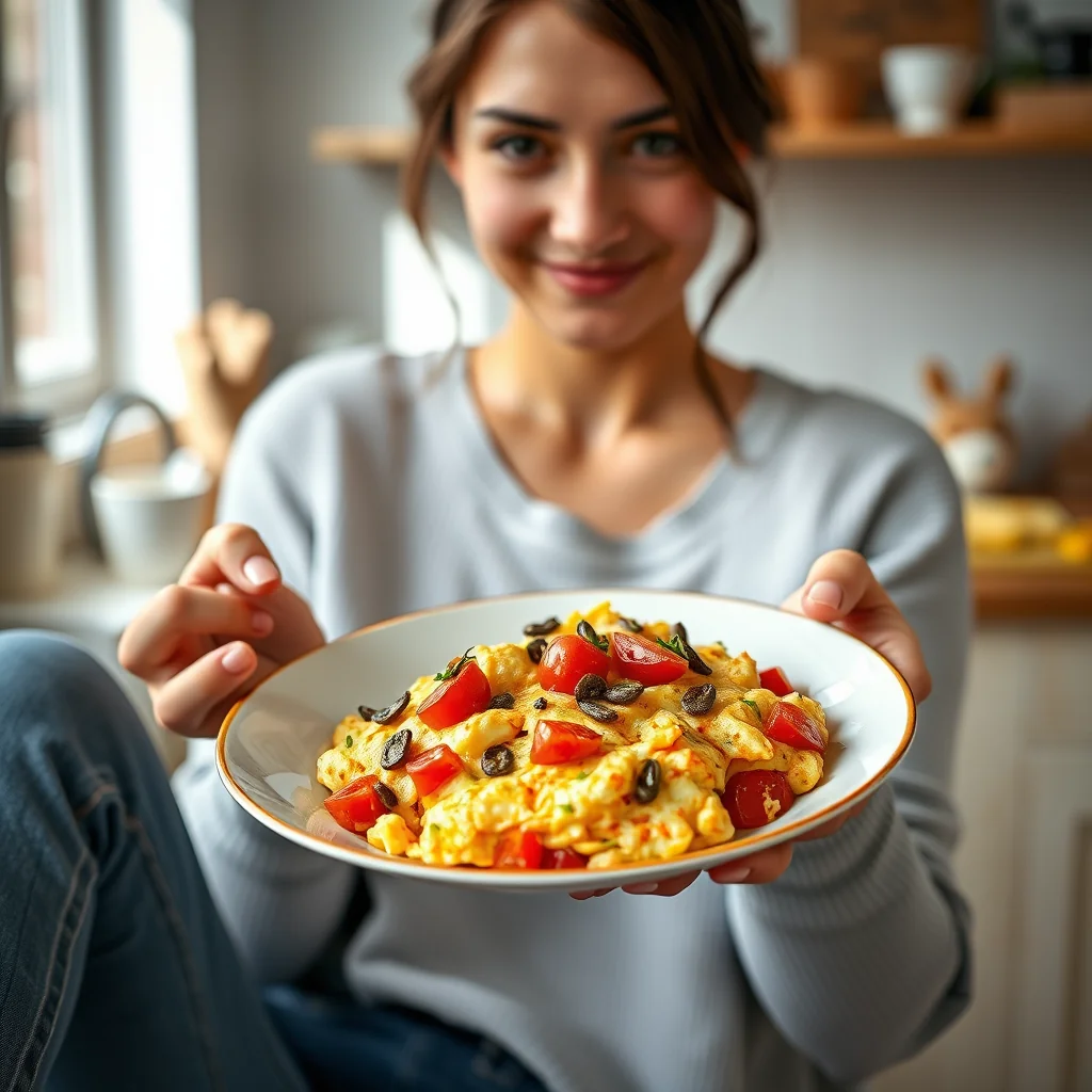 Savory Scrambled Eggs with Tomato, Green Onion, and Capers – vegetarian recipe
