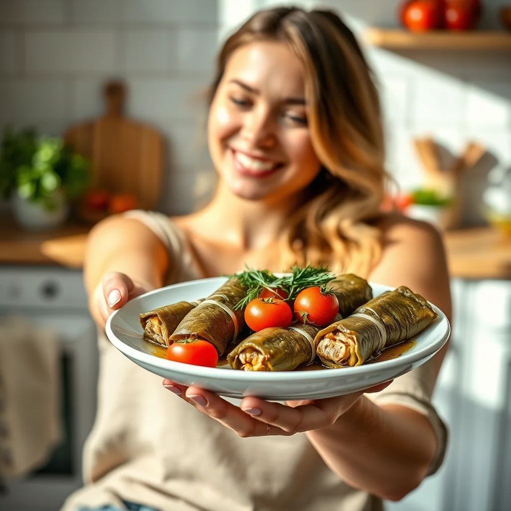 Tomato and Dill–Stuffed Grape Leaves (Dolmas) – vegetarian recipe